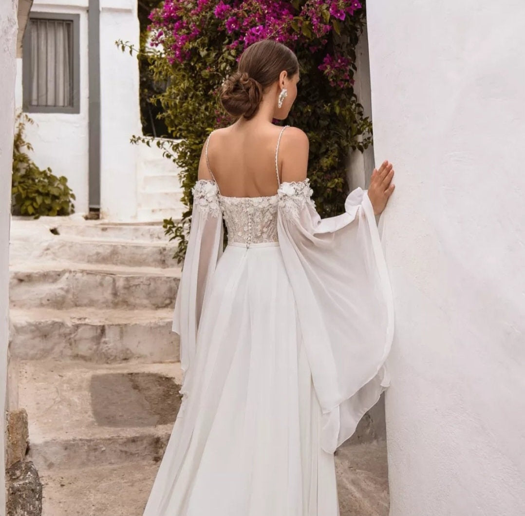 Detached Chiffon 3D Flowers & Lace Appliqués Flared Sleeves
