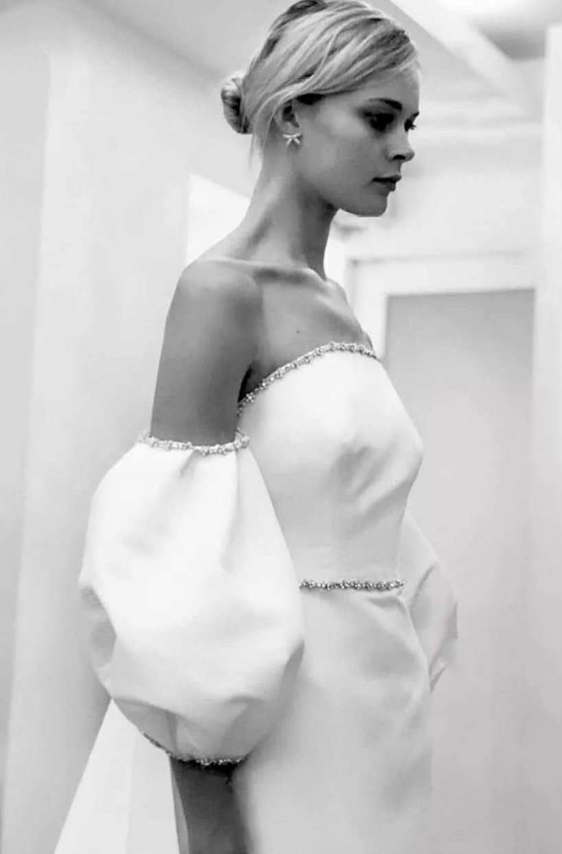 Beaded Trim Embellished Satin Gown With Detachable Train/Detached Puff Sleeves