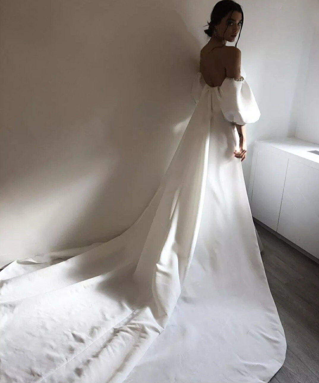 Beaded Trim Embellished Satin Gown With Detachable Train/Detached Puff Sleeves