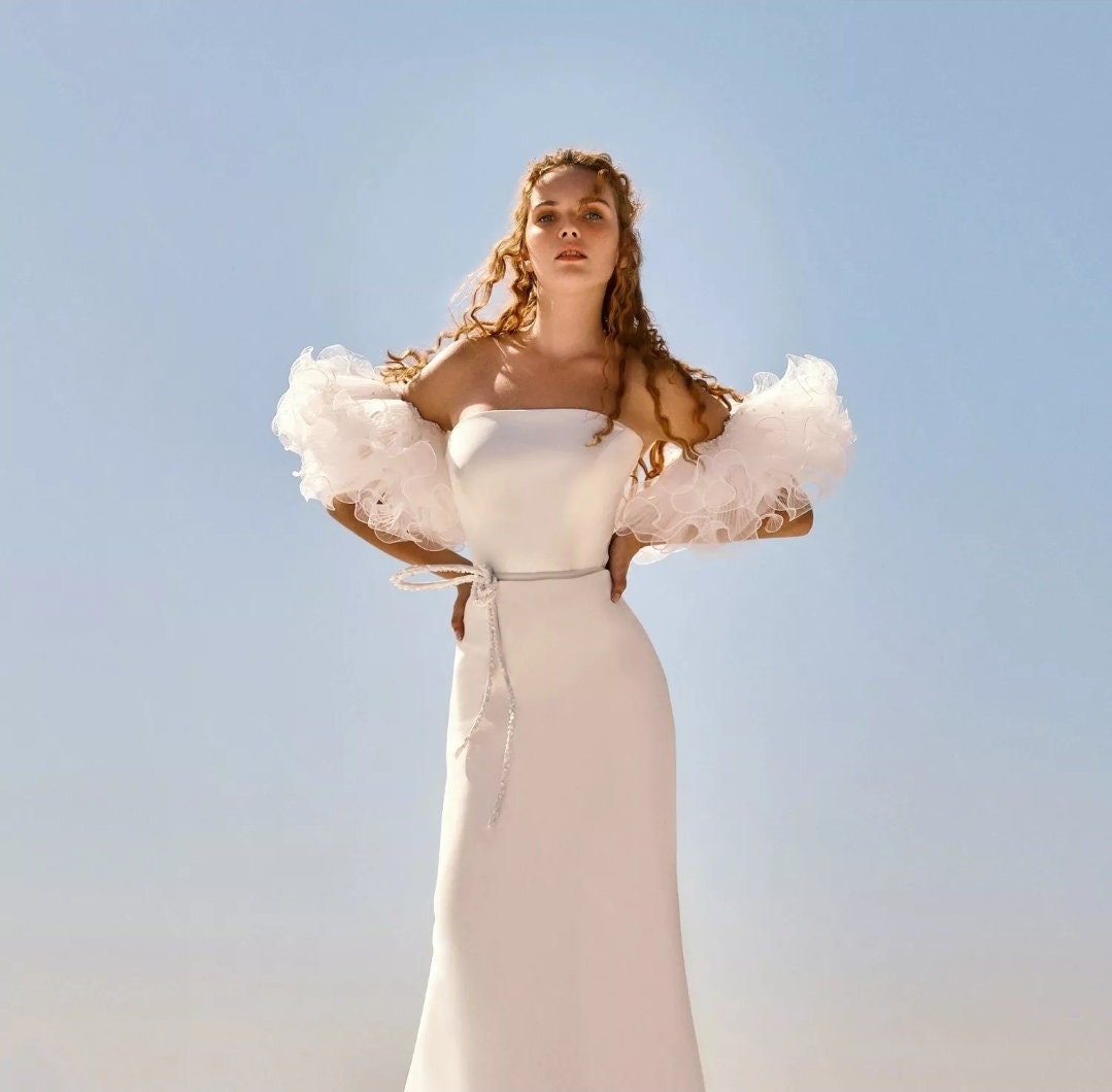 Bardot Frill Hand Beaded Crepe Pleated Tulle Detached Bridal Sleeves