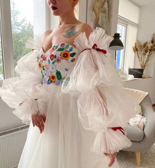 Full Detached Sectioned Tulle Sleeves & Ribbon