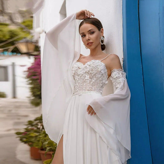 Detached Chiffon 3D Flowers & Lace Appliqués Flared Sleeves