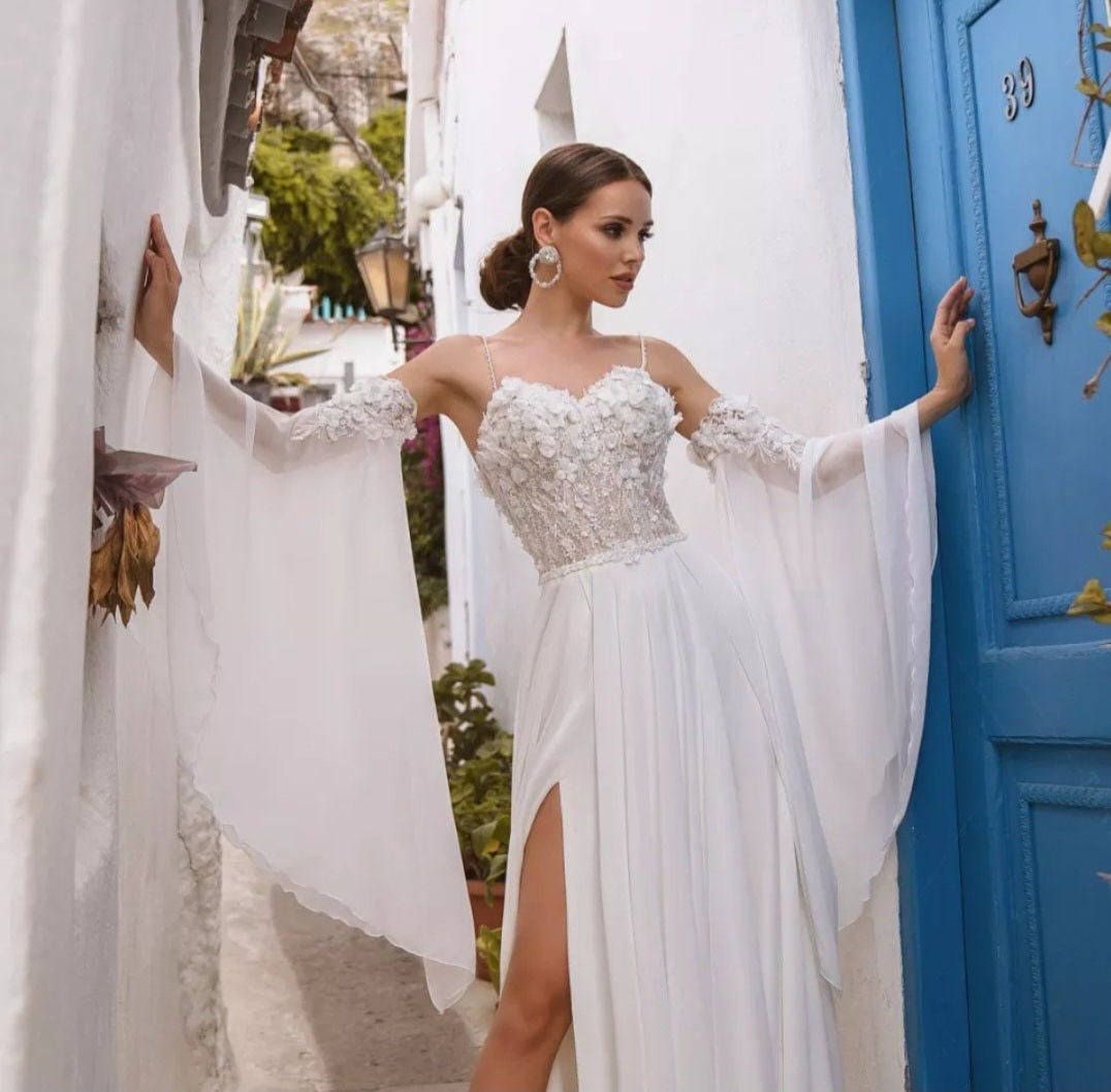 Detached Chiffon 3D Flowers & Lace Appliqués Flared Sleeves