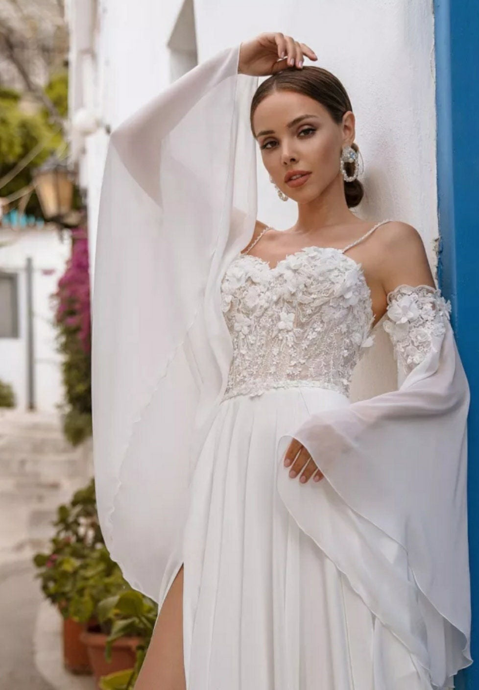 Detached Chiffon 3D Flowers & Lace Appliqués Flared Sleeves