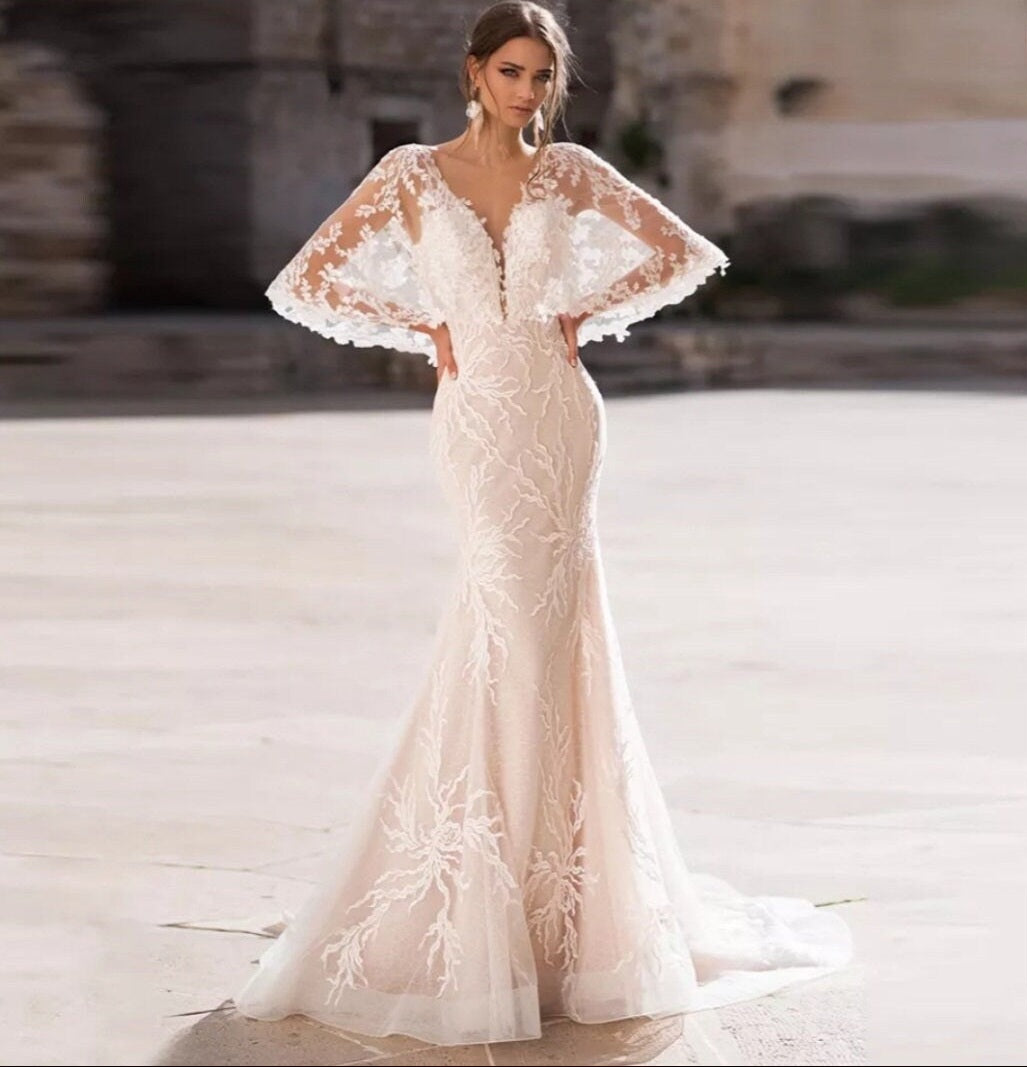 Backless Deep V Lace Floral & Vine Dress With Batwing Sleeves WenLeeBridal Backless Deep V Lace Floral & Vine Dress With Batwing Sleeves WenLeeBridal