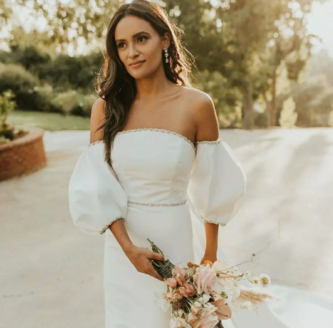 Beaded Trim Embellished Satin Gown With Detachable Train/Detached Puff Sleeves