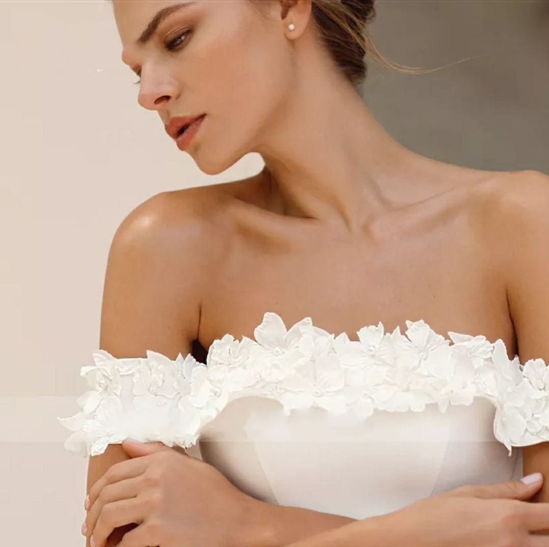Satin Beaded Pearls & Flowers Off The Shoulder Gown With Detachable Train