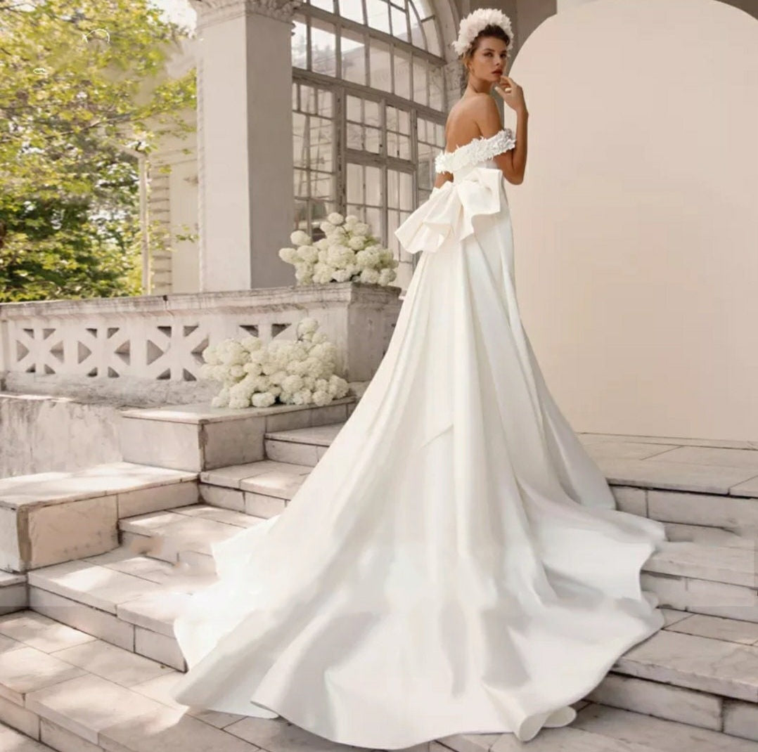 Satin Beaded Pearls & Flowers Off The Shoulder Gown With Detachable Train