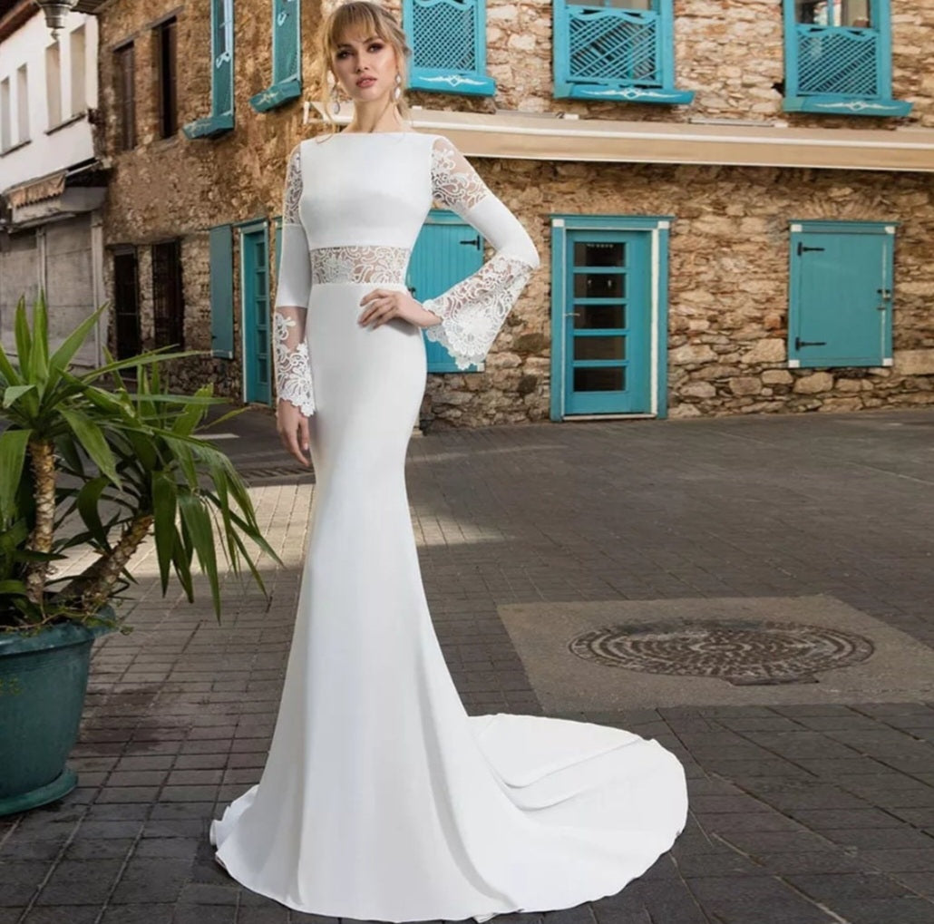 Delicate Lace & Mikado Bell Long Sleeve Mermaid Gown WenLeeBridal Delicate Lace & Mikado Bell Long Sleeve Mermaid Gown WenLeeBridal
