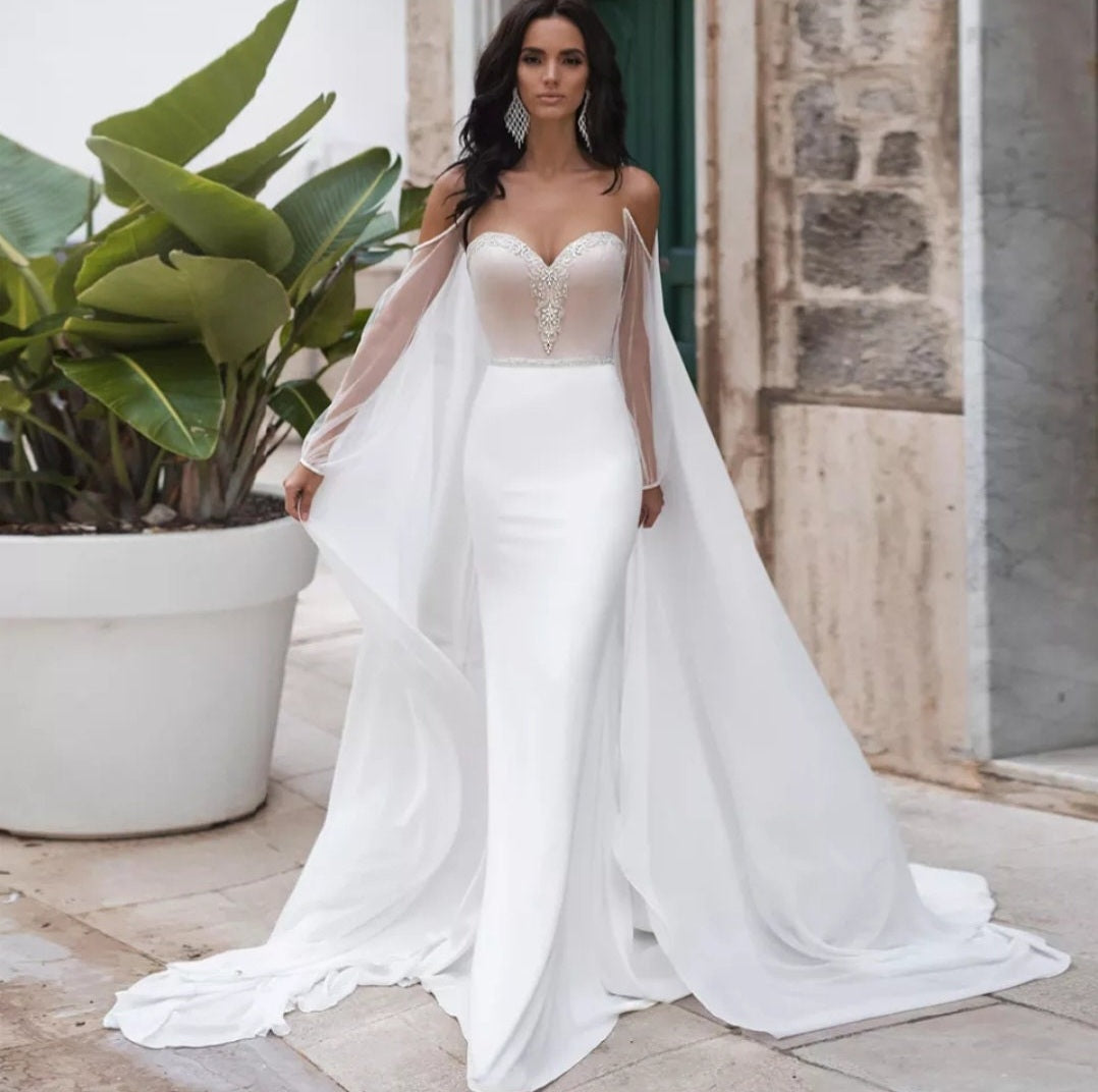 Open Back Satin Beaded Embellishment Sweetheart Mermaid Dress With Detachable Shawl