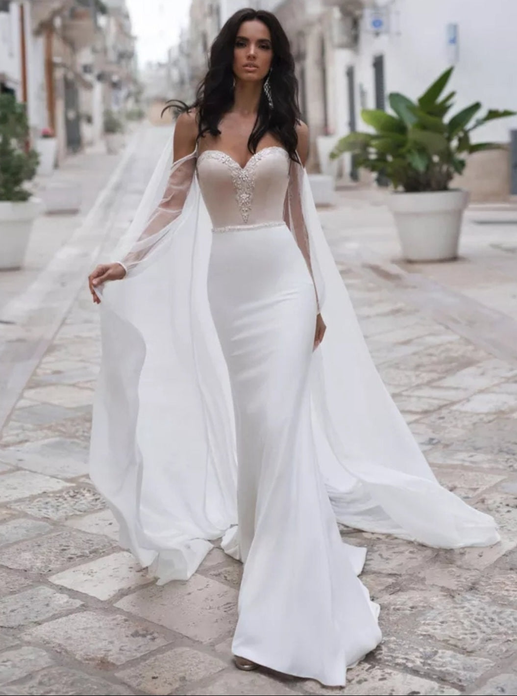 Open Back Satin Beaded Embellishment Sweetheart Mermaid Dress With Detachable Shawl