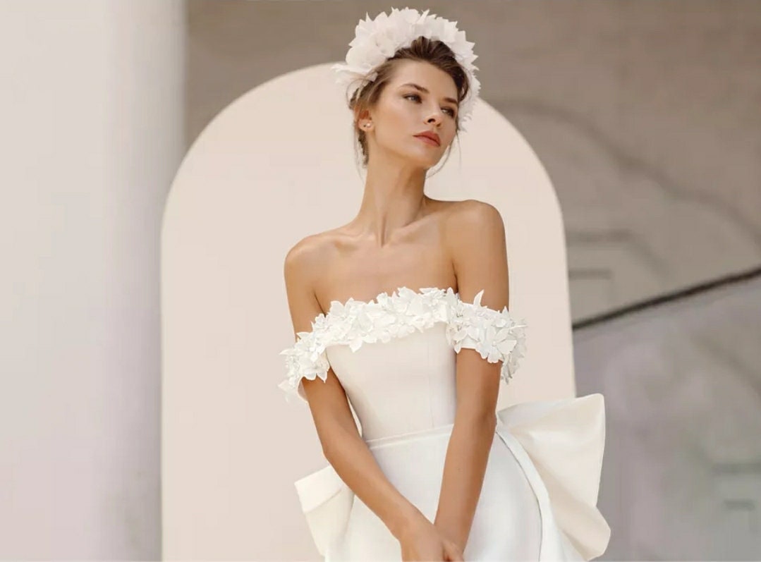 Satin Beaded Pearls & Flowers Off The Shoulder Gown With Detachable Train