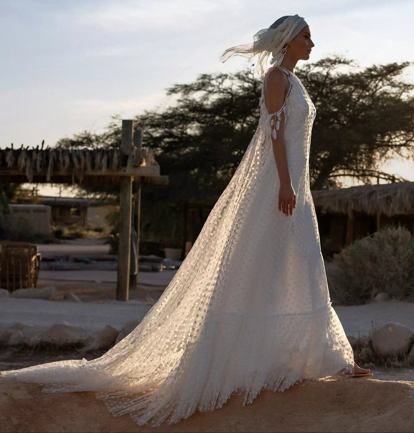 Boho Halter Draped Feathers, Pearls & Polka Dots Wedding Dress