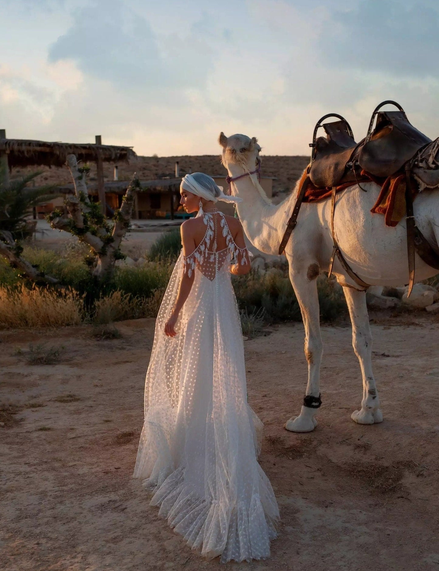 Boho Halter Draped Feathers, Pearls & Polka Dots Wedding Dress