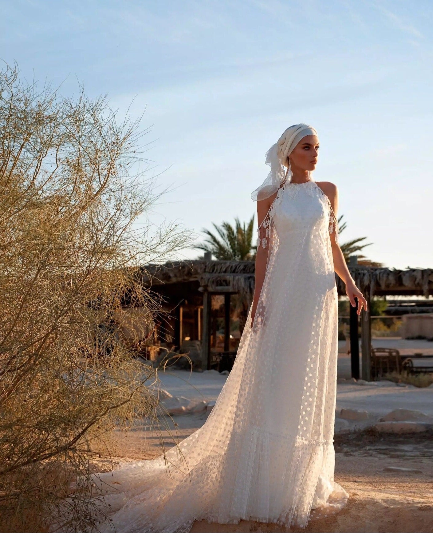 Boho Halter Draped Feathers, Pearls & Polka Dots Wedding Dress
