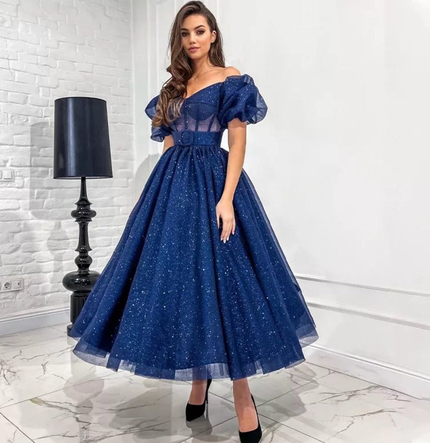 Glitter Midi Off The Shoulder Short Puff Sleeve Dress