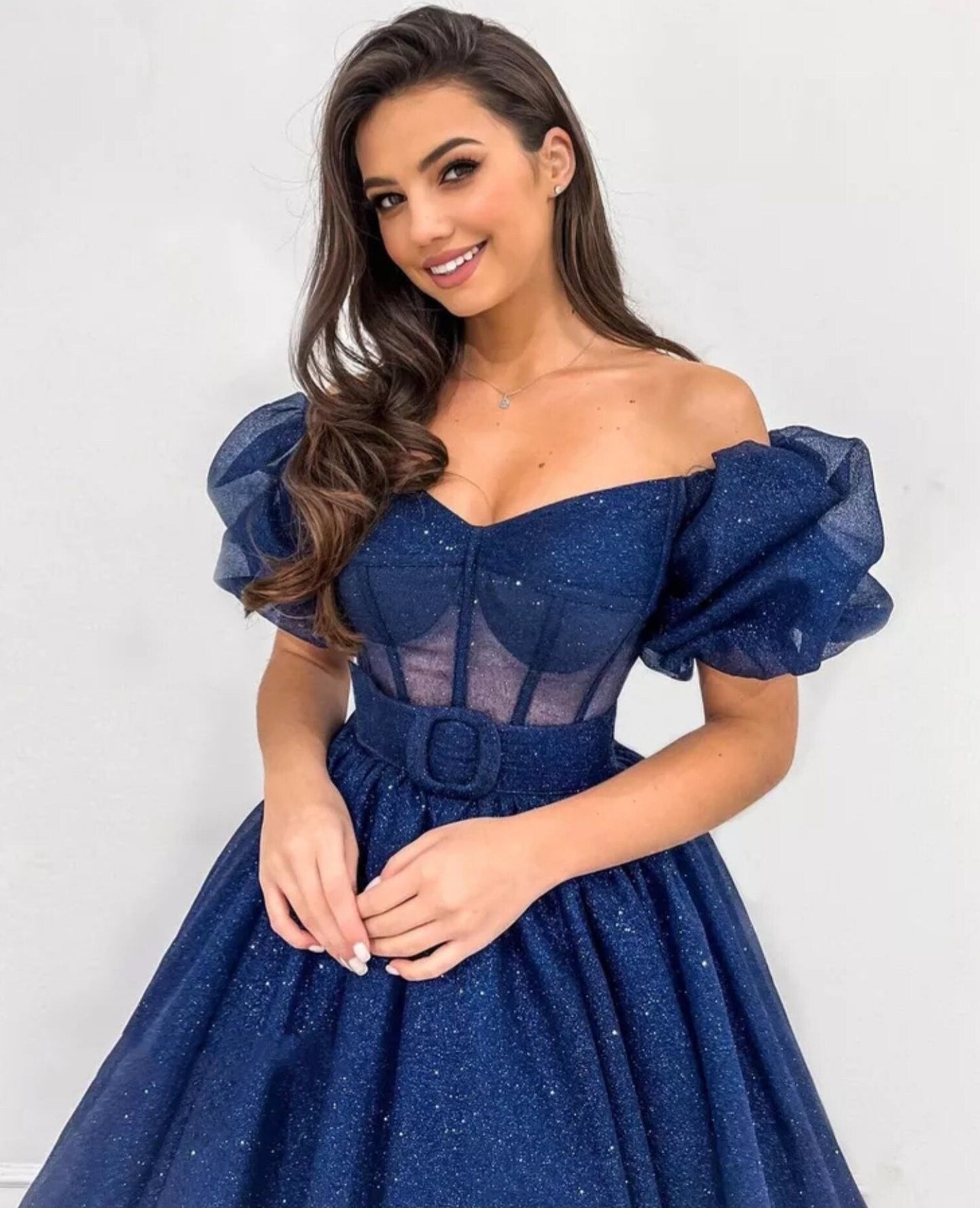 Glitter Midi Off The Shoulder Short Puff Sleeve Dress