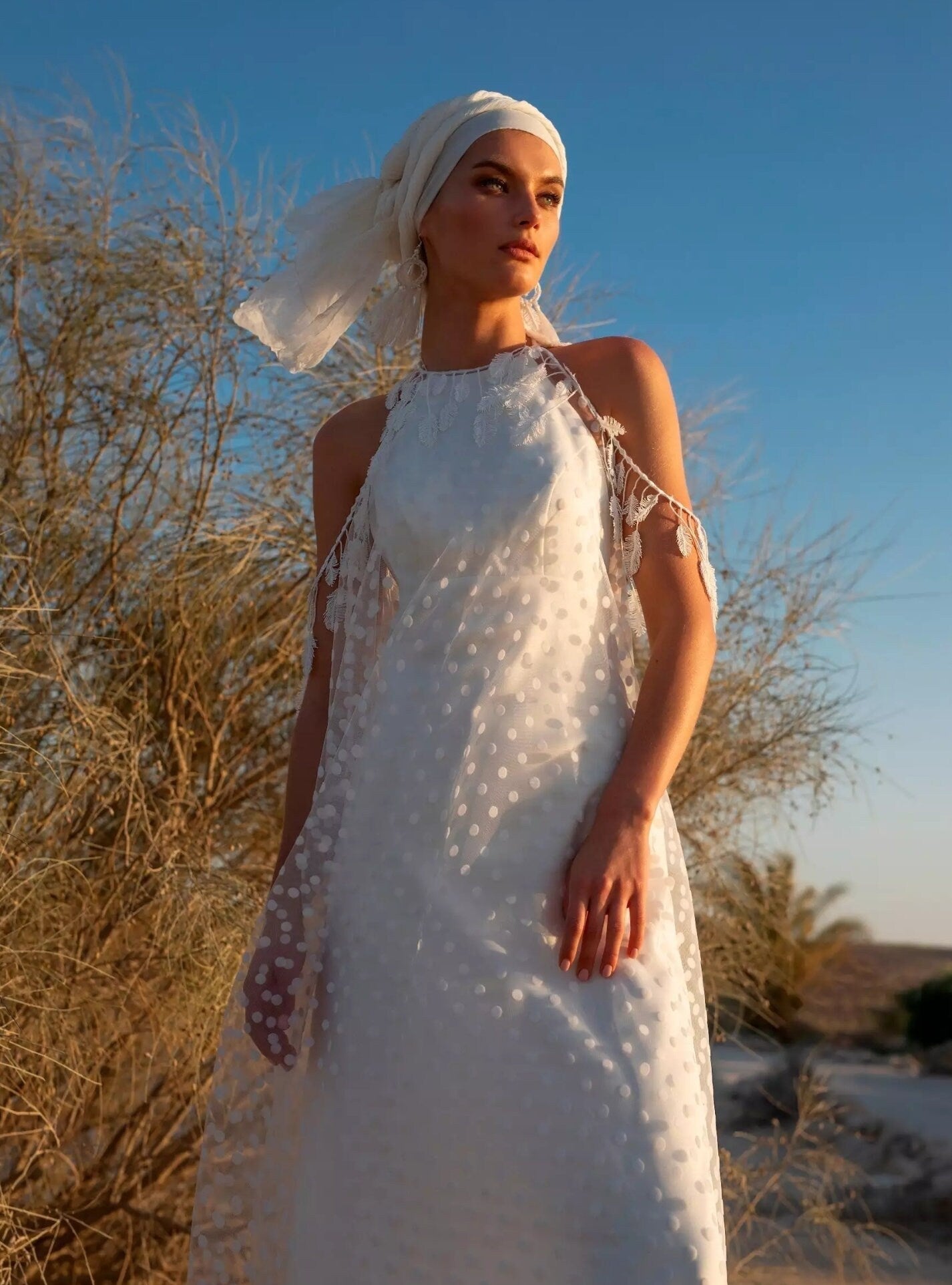 Boho Halter Draped Feathers, Pearls & Polka Dots Wedding Dress