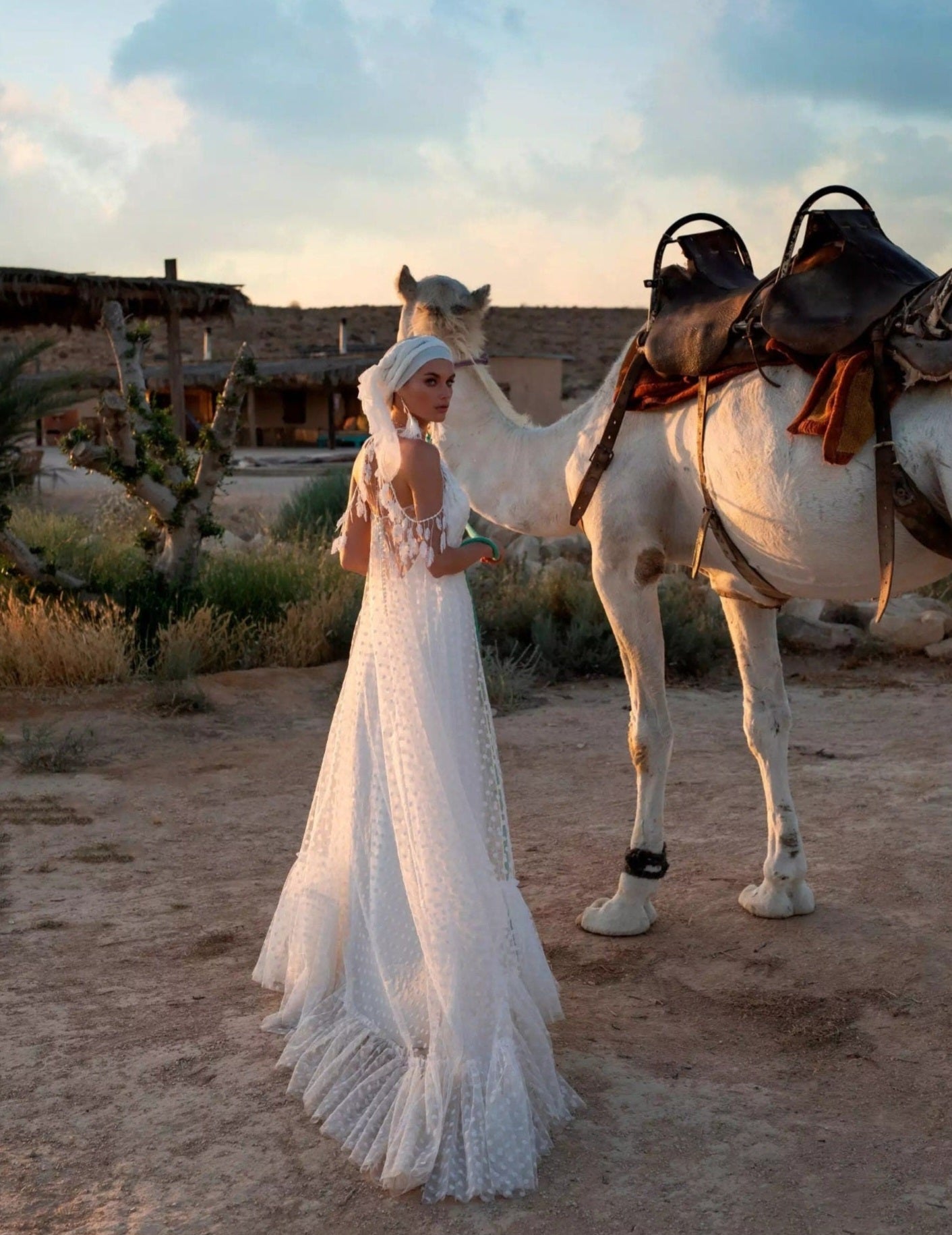 Boho Halter Draped Feathers, Pearls & Polka Dots Wedding Dress