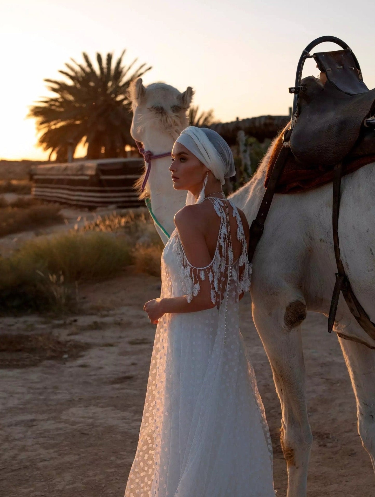 Boho Halter Draped Feathers, Pearls & Polka Dots Wedding Dress