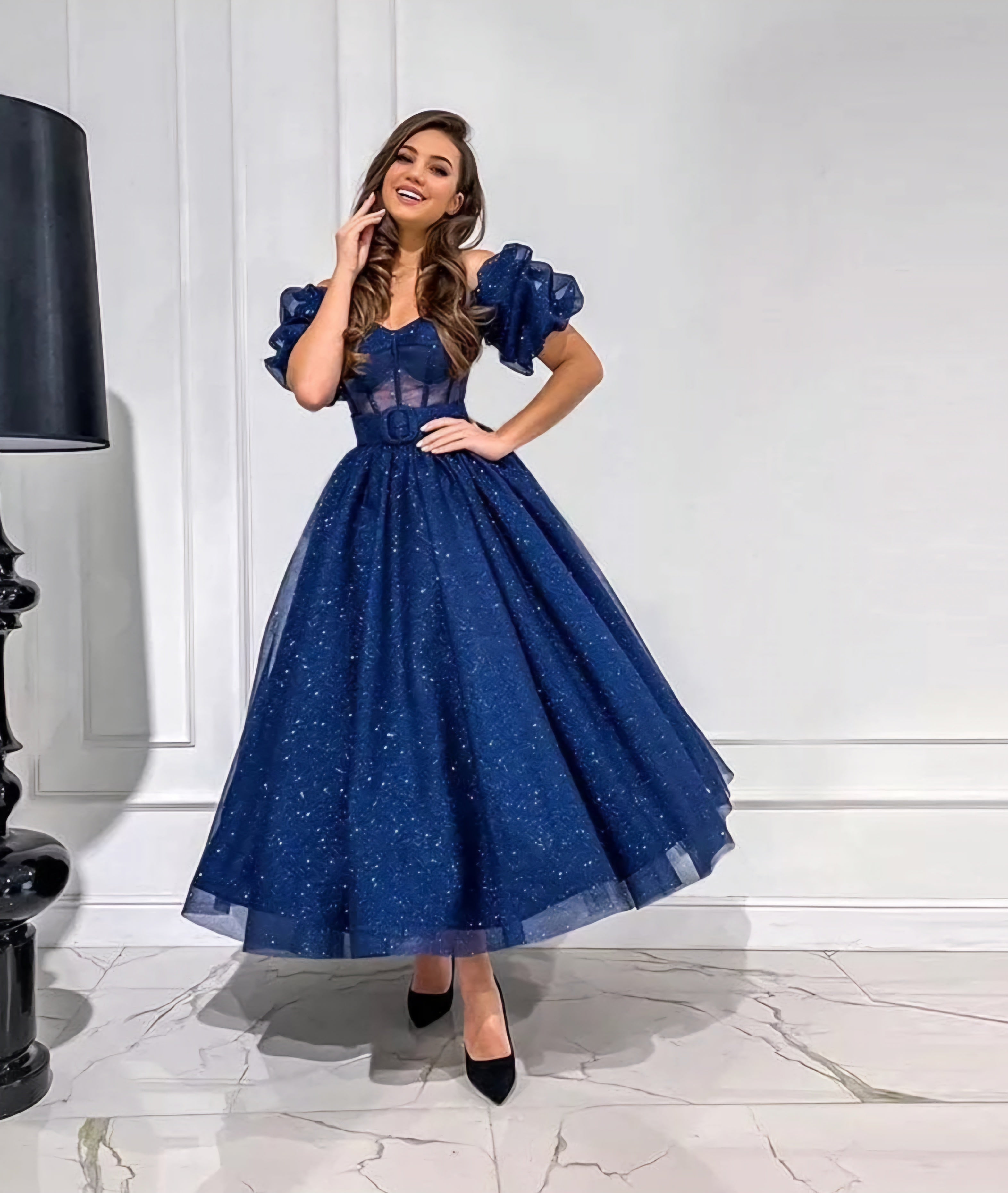 Glitter Midi Off The Shoulder Short Puff Sleeve Dress WenLeeBridal Glitter Midi Off The Shoulder Short Puff Sleeve Dress WenLeeBridal