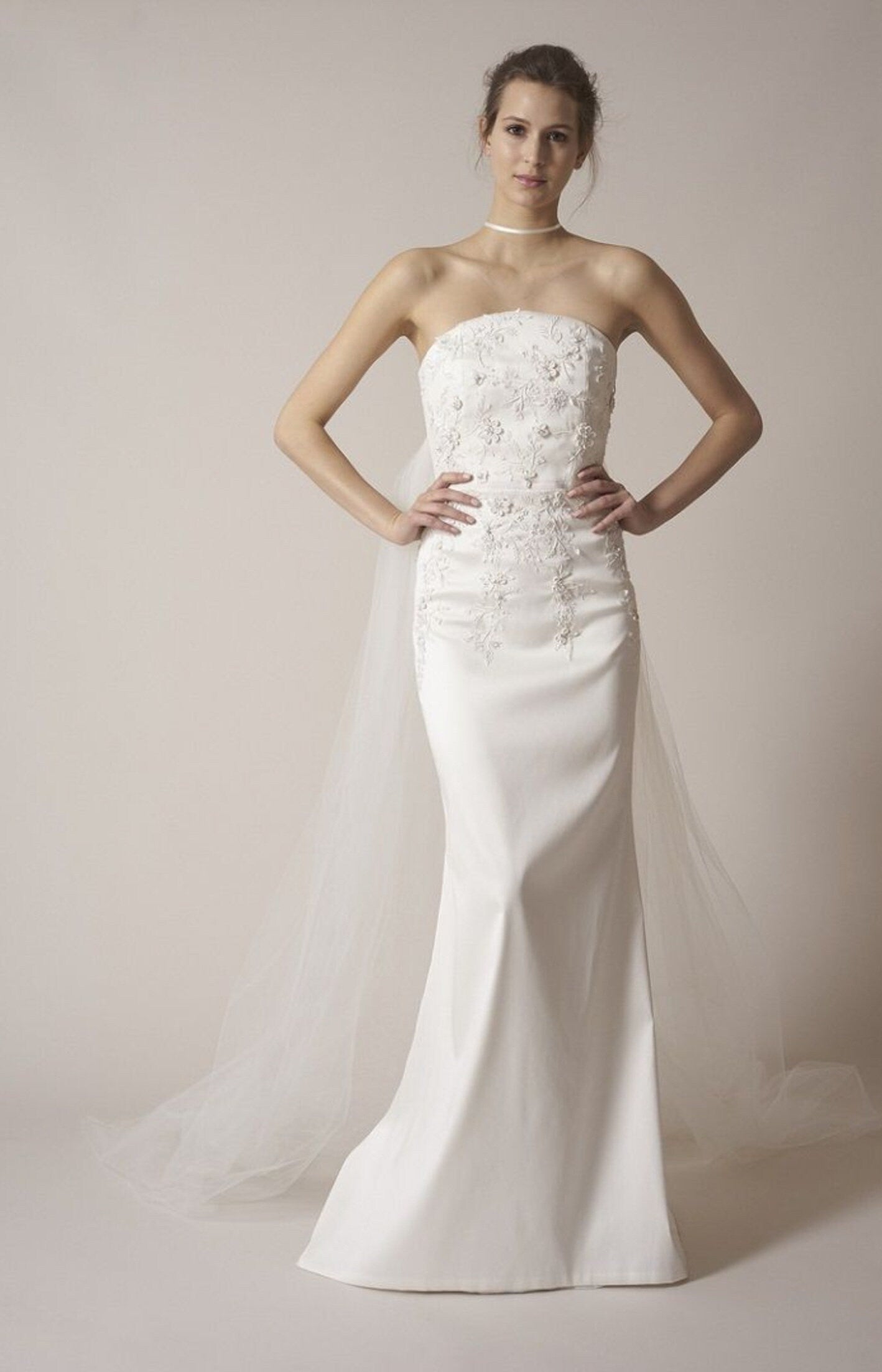 Strapless Floral Appliqués Dress With Attached Tulle Train