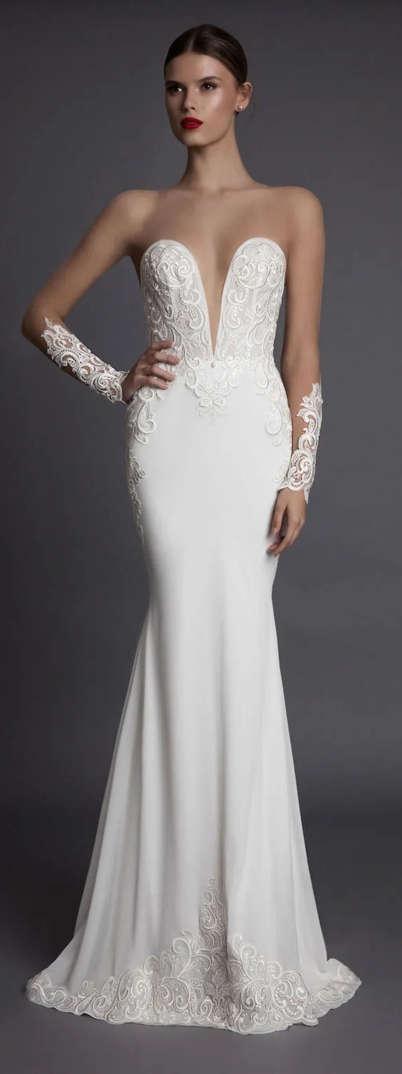 Full Sleeve Lace Illusion Deep V Sweetheart Trumpet Gown