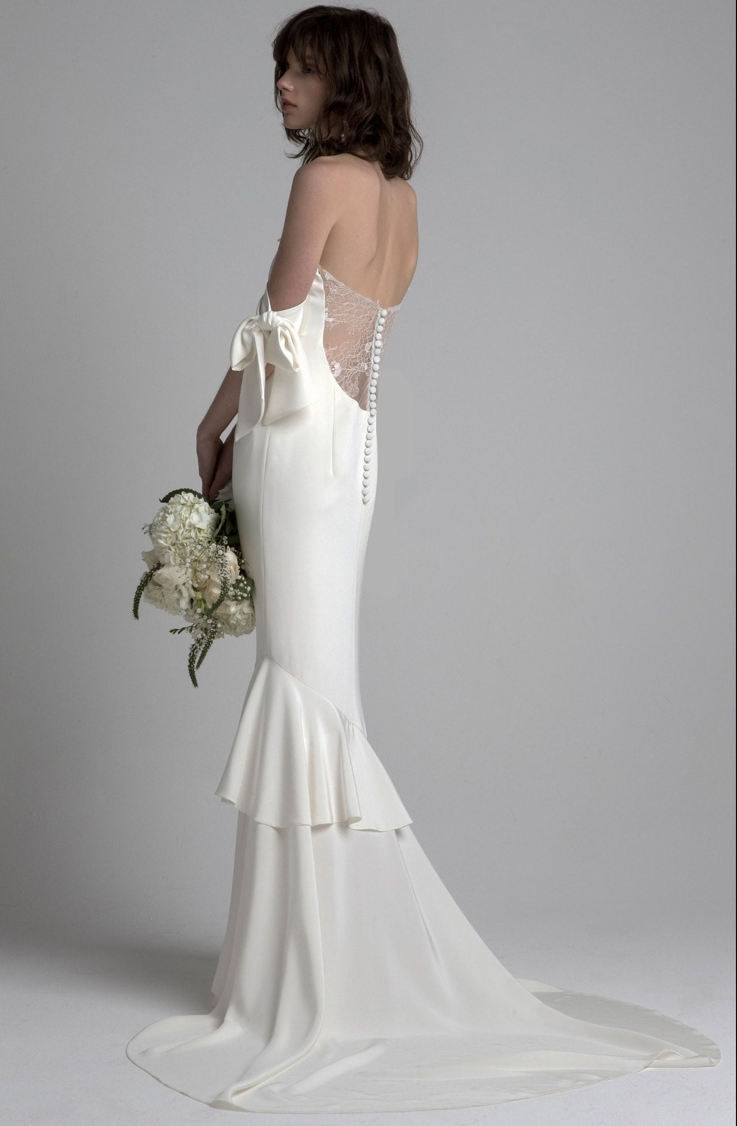Simple Satin Minimalist Lace Bows & Ruffles Trumpet Gown.