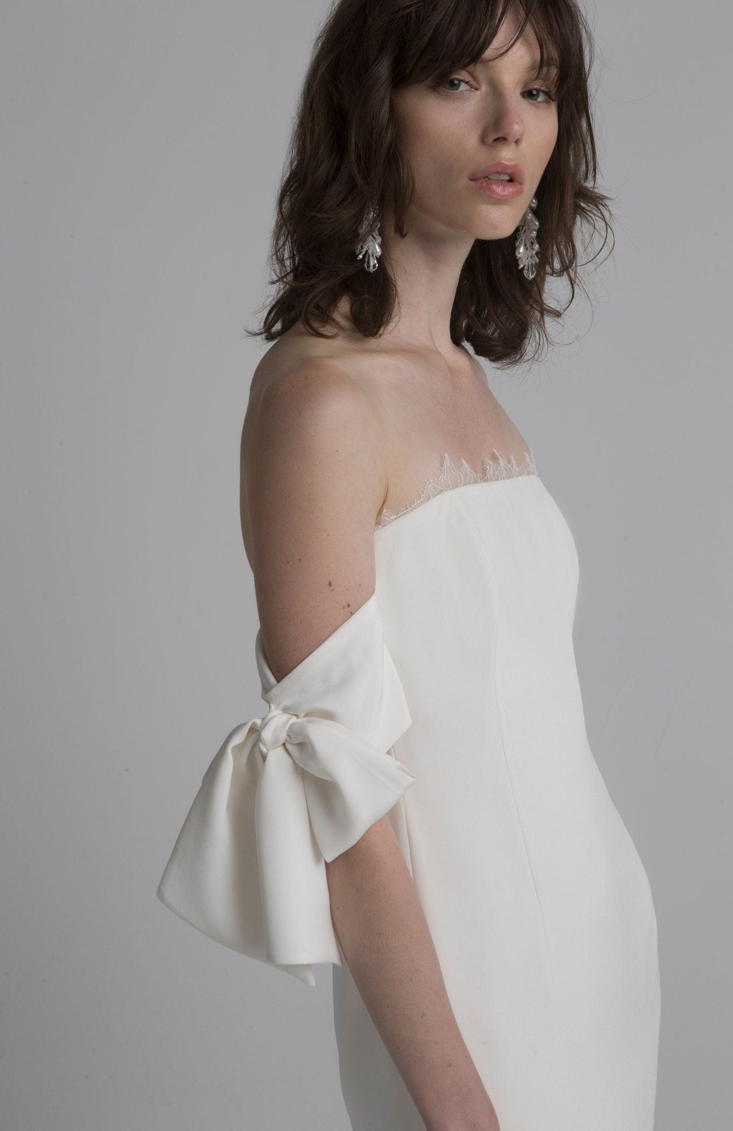 Simple Satin Minimalist Lace Bows & Ruffles Trumpet Gown.