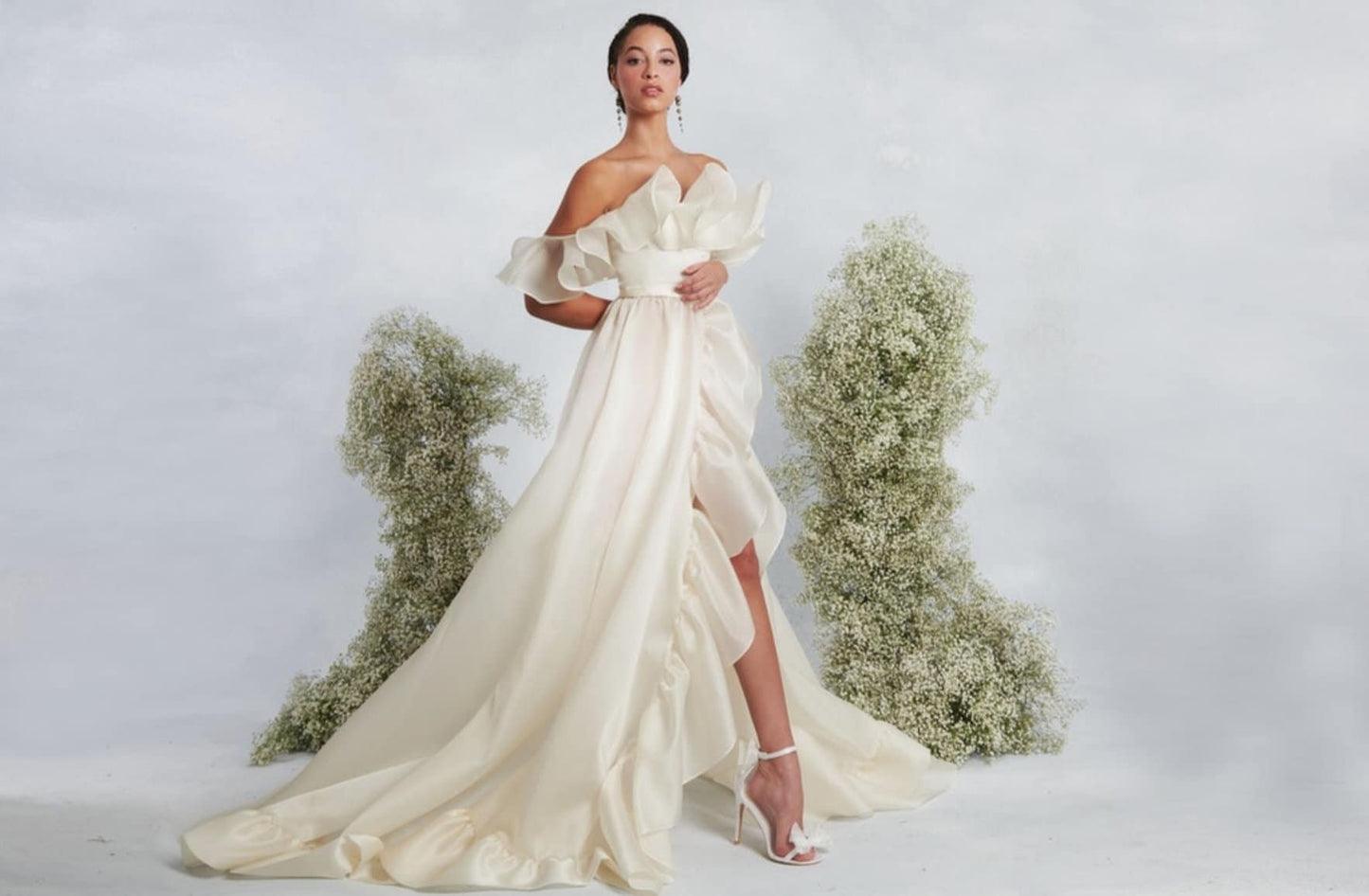 Ruffled Off The Shoulder Elegant High Slit Ruffle Hem Gown