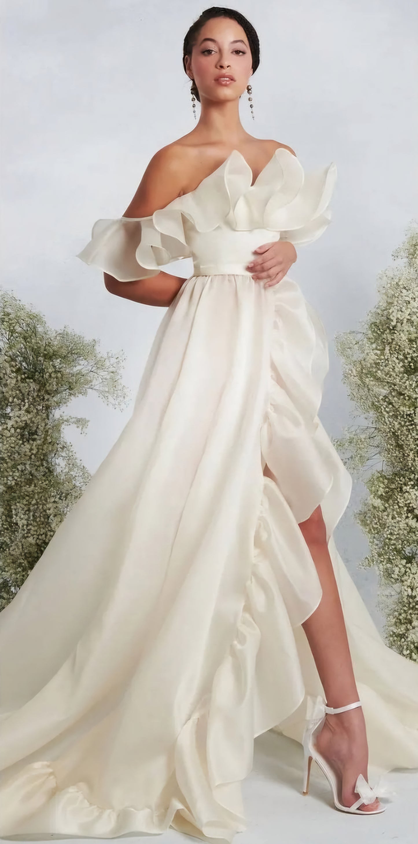 Ruffled Off The Shoulder Elegant High Slit Ruffle Hem Gown