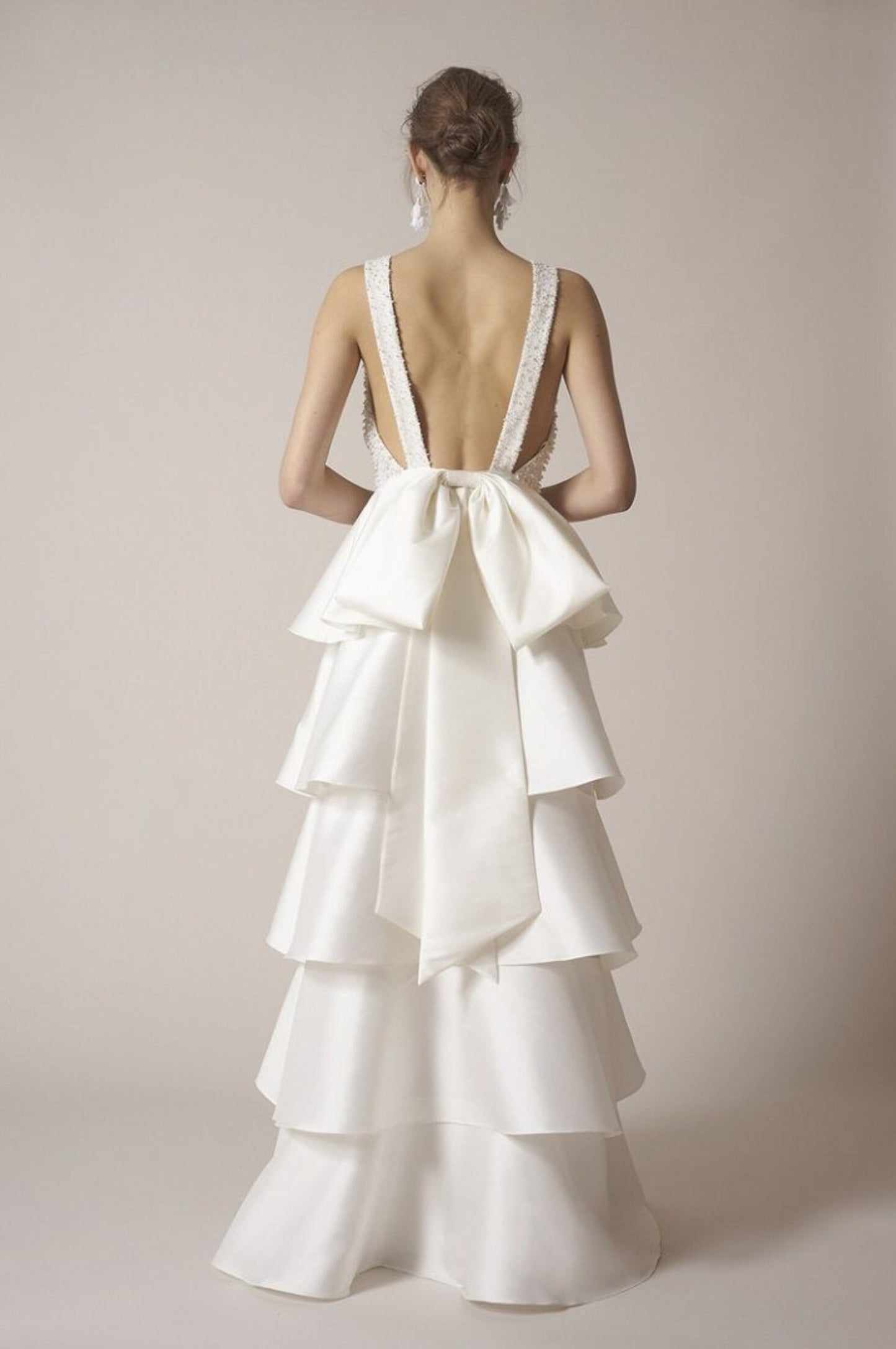 Sleeveless Deep V Beaded Satin Tiered Ruffle Dress