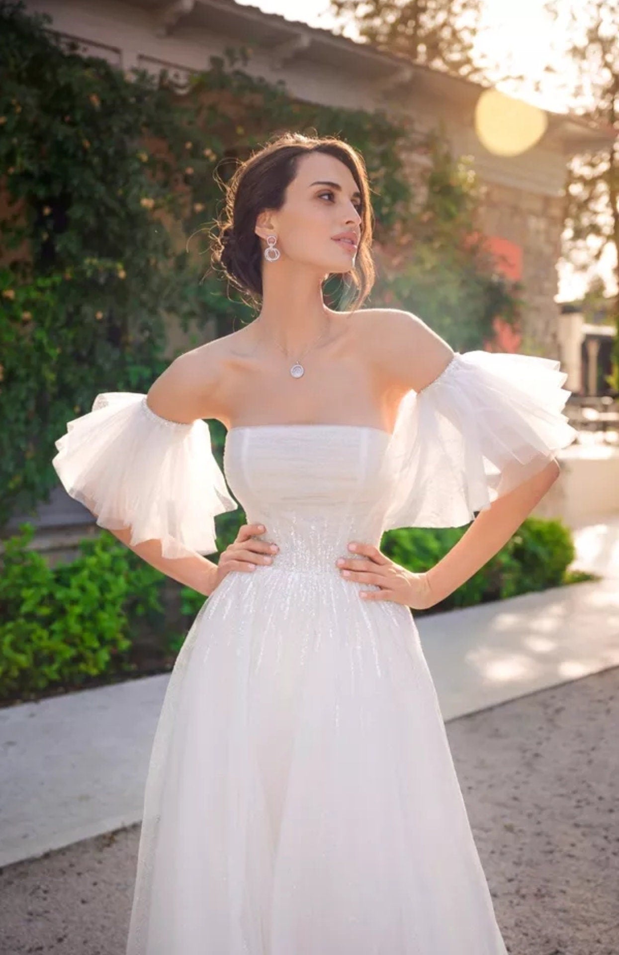 Detached Short Tulle/Glitter Tulle Layered Beaded Trim Sleeves