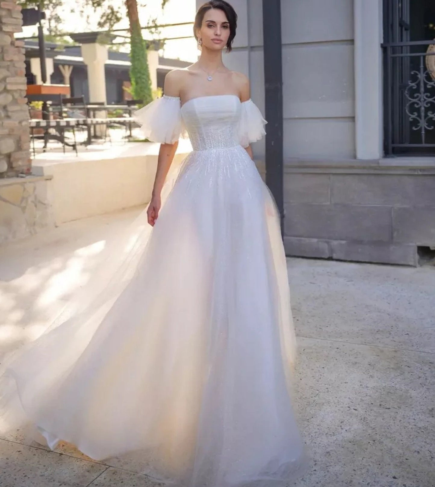 Detached Short Tulle/Glitter Tulle Layered Beaded Trim Sleeves