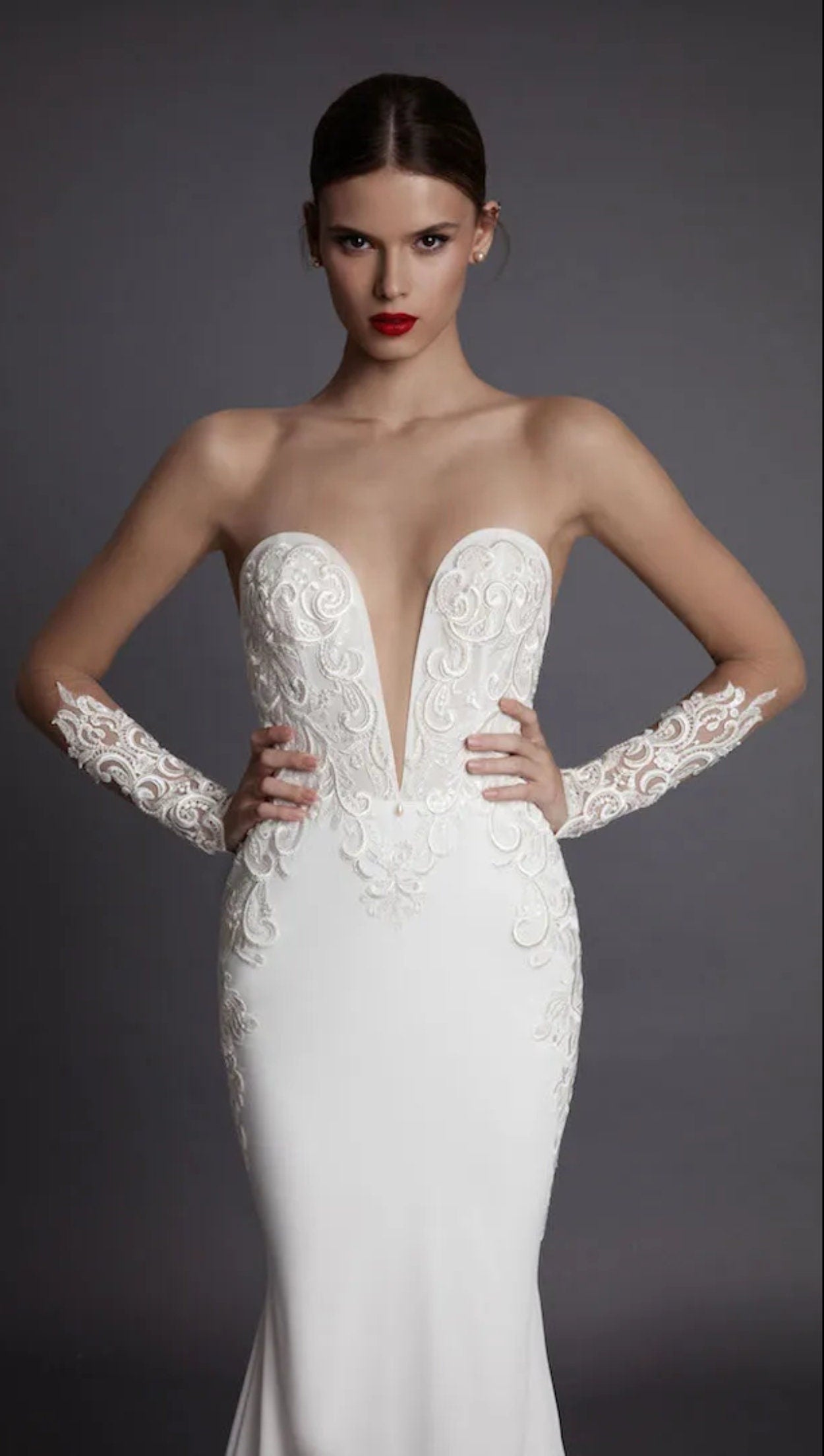 Full Sleeve Lace Illusion Deep V Sweetheart Trumpet Gown