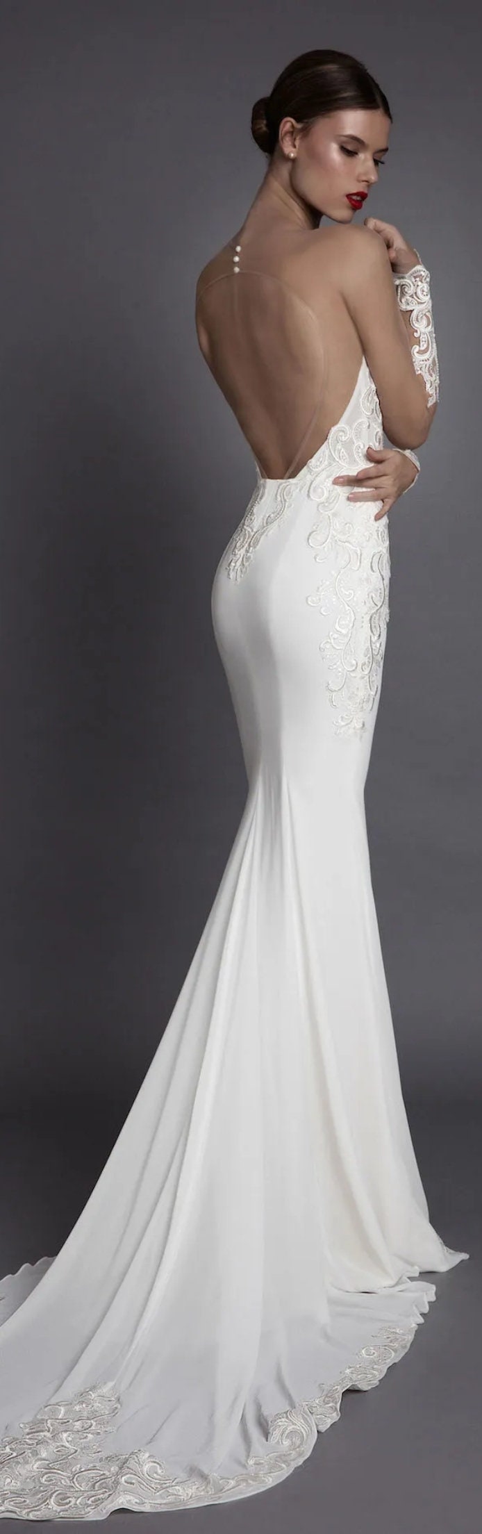 Full Sleeve Lace Illusion Deep V Sweetheart Trumpet Gown