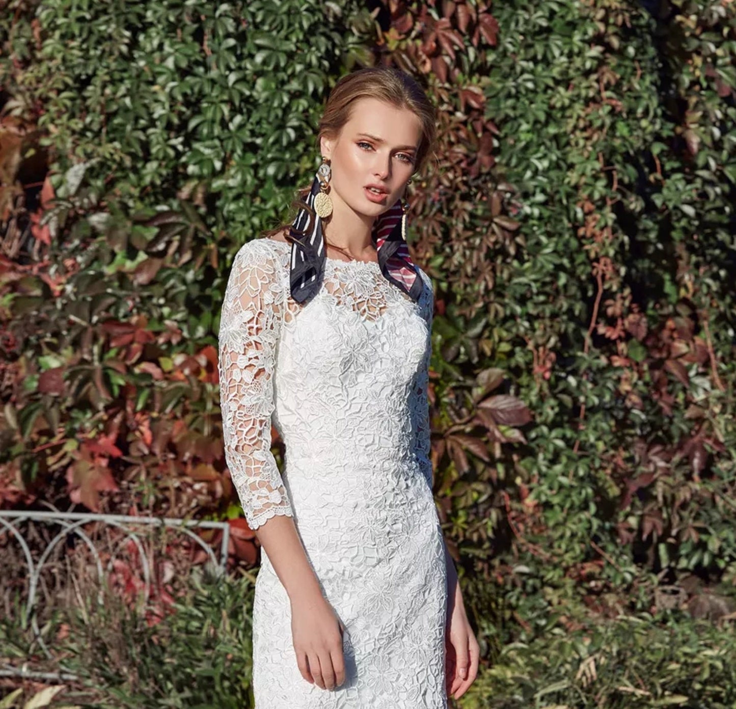 Floral & Lace 3/4 Sleeve Lace Up Bridal Trumpet Gown