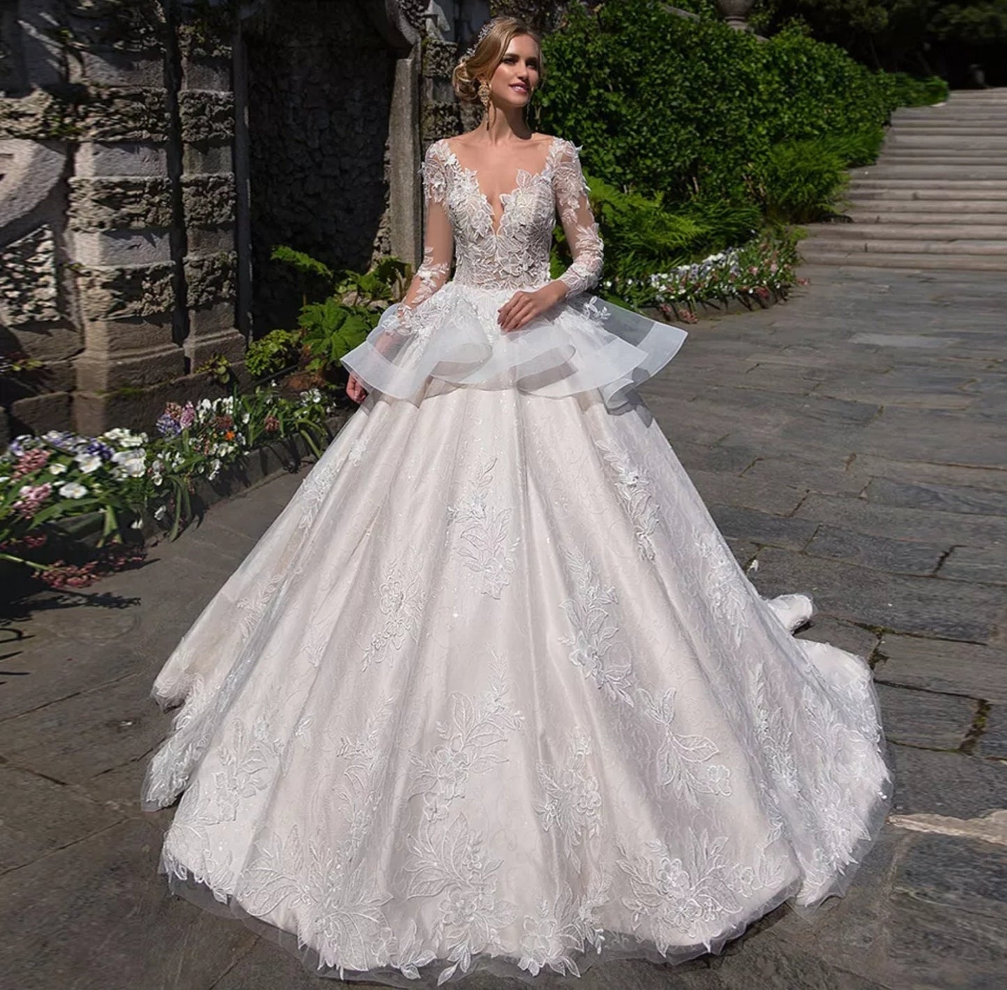 Floral Ruffled Tutu Waist Full Sheer Sleeve Wedding Ball Gown