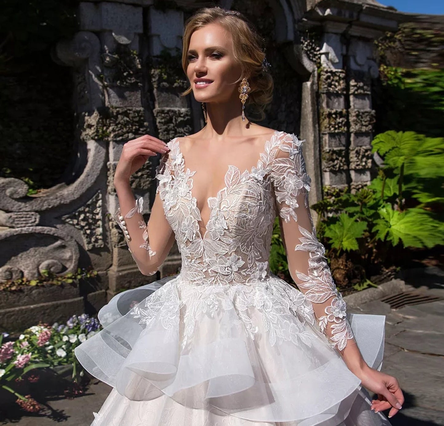 Floral Ruffled Tutu Waist Full Sheer Sleeve Wedding Ball Gown