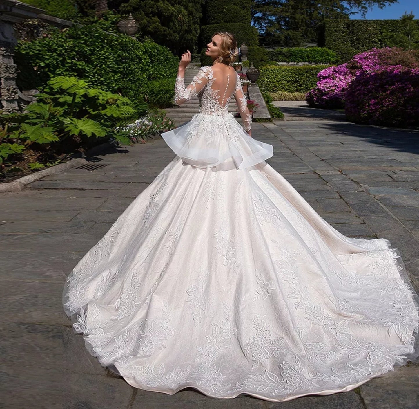 Floral Ruffled Tutu Waist Full Sheer Sleeve Wedding Ball Gown