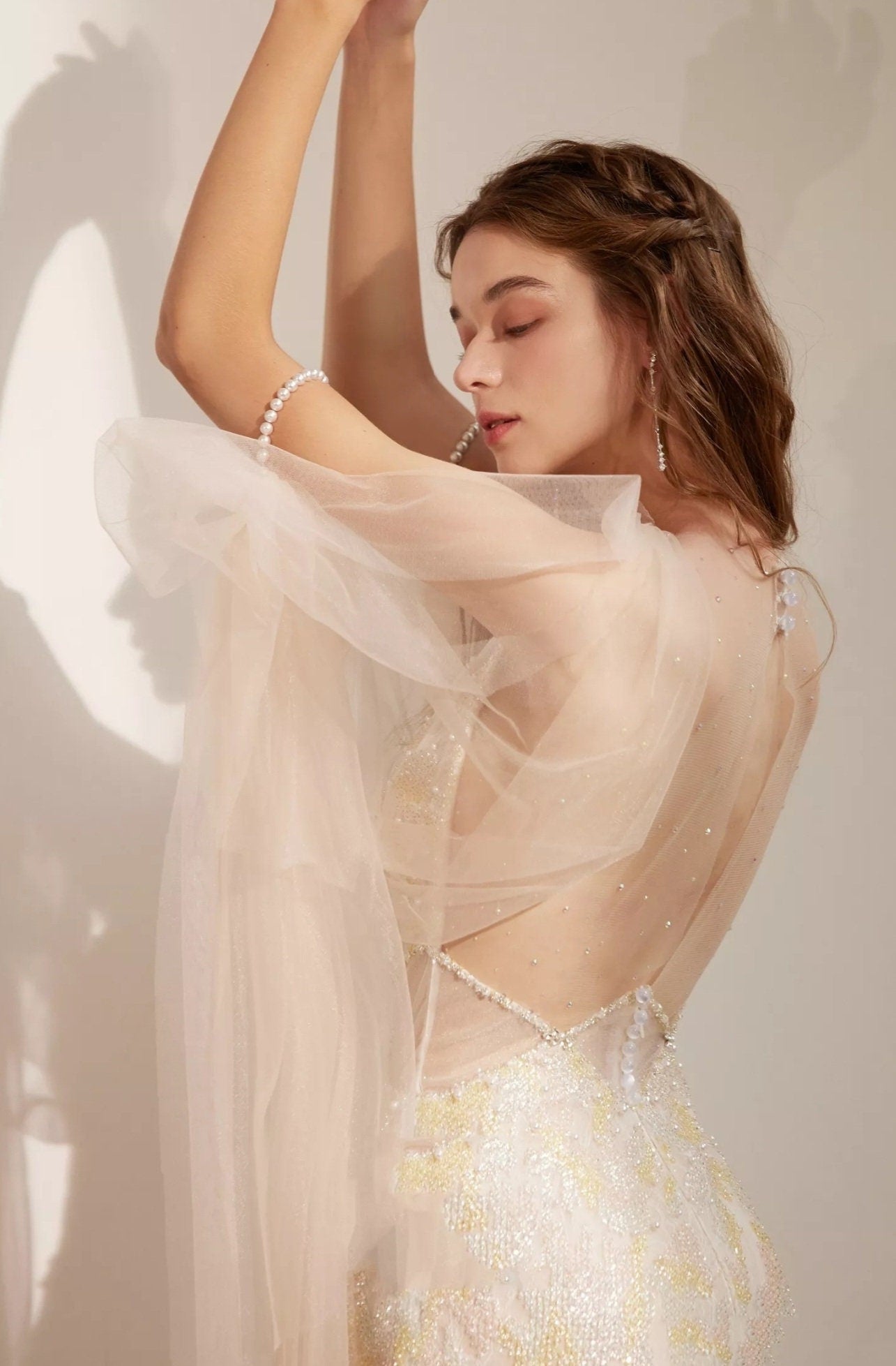 Detached Floor Length Translucent Tulle & Pearl Beaded Elbow Ring Sleeves