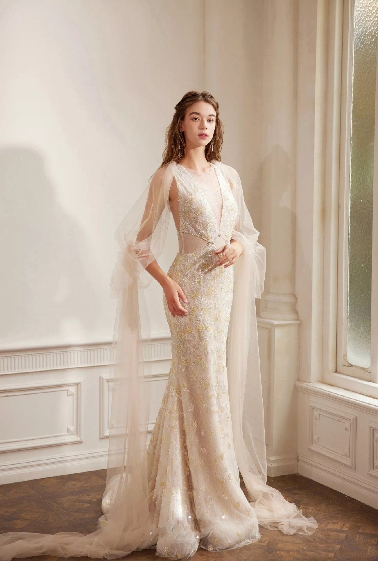 Detached Floor Length Translucent Tulle & Pearl Beaded Elbow Ring Sleeves