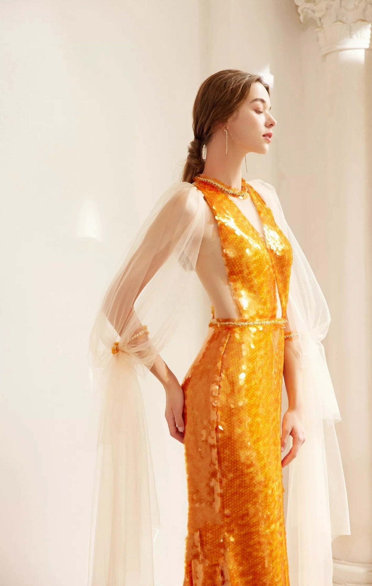Detached Floor Length Translucent Tulle & Pearl Beaded Elbow Ring Sleeves
