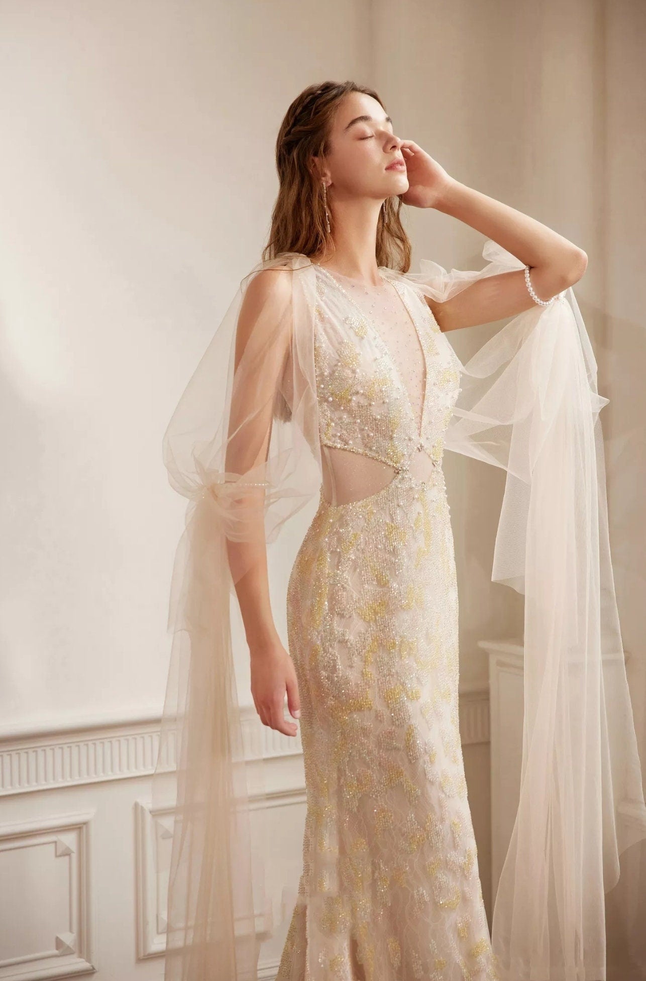 Detached Floor Length Translucent Tulle & Pearl Beaded Elbow Ring Sleeves