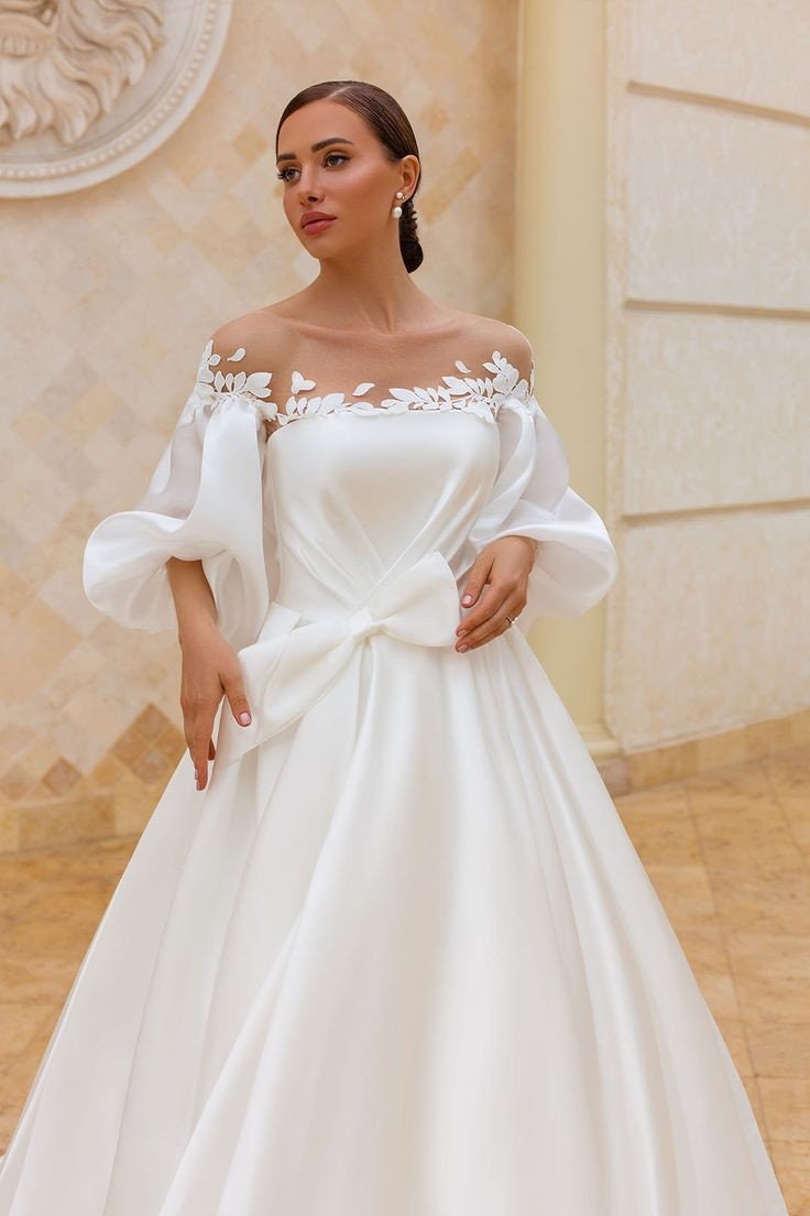 Long Sleeve Floral Vine Leaf Neckline Gown With Detachable Sleeves
