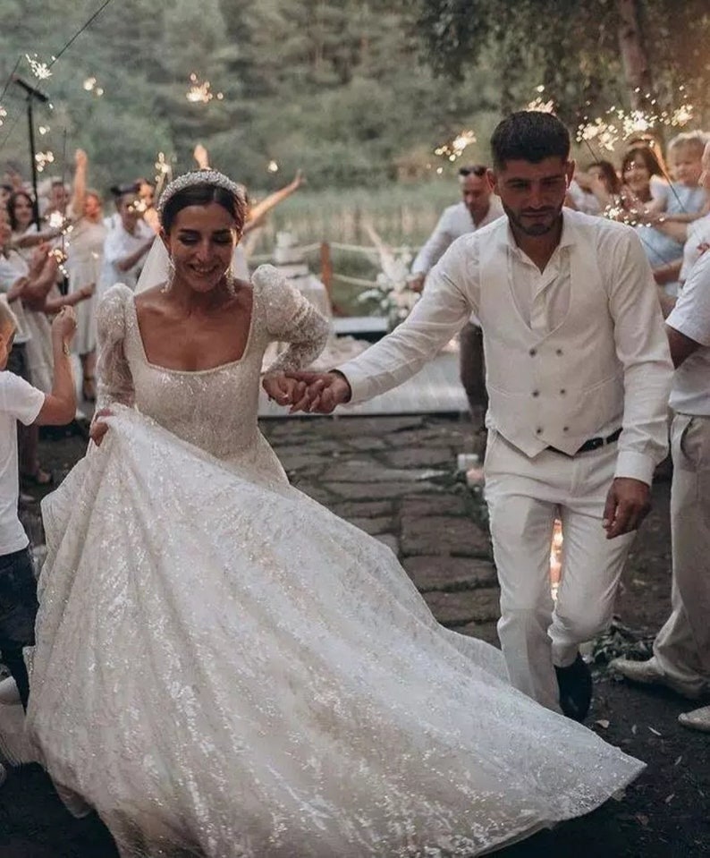 Long Sleeve Beaded & Sequins Square Neckline Wedding Gown