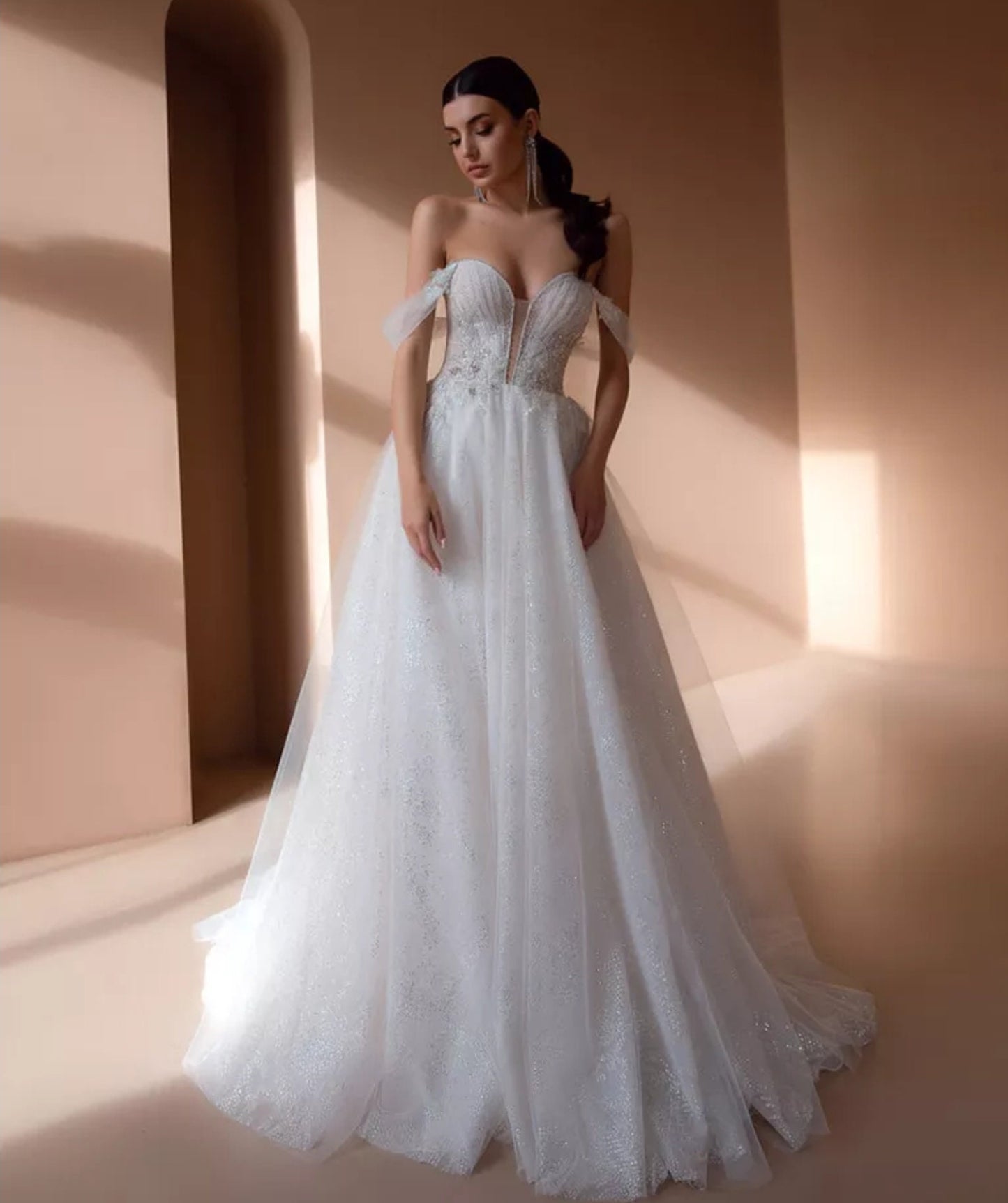 Beaded Appliqué Princess Off The Shoulder Glitter & Sequins Gown