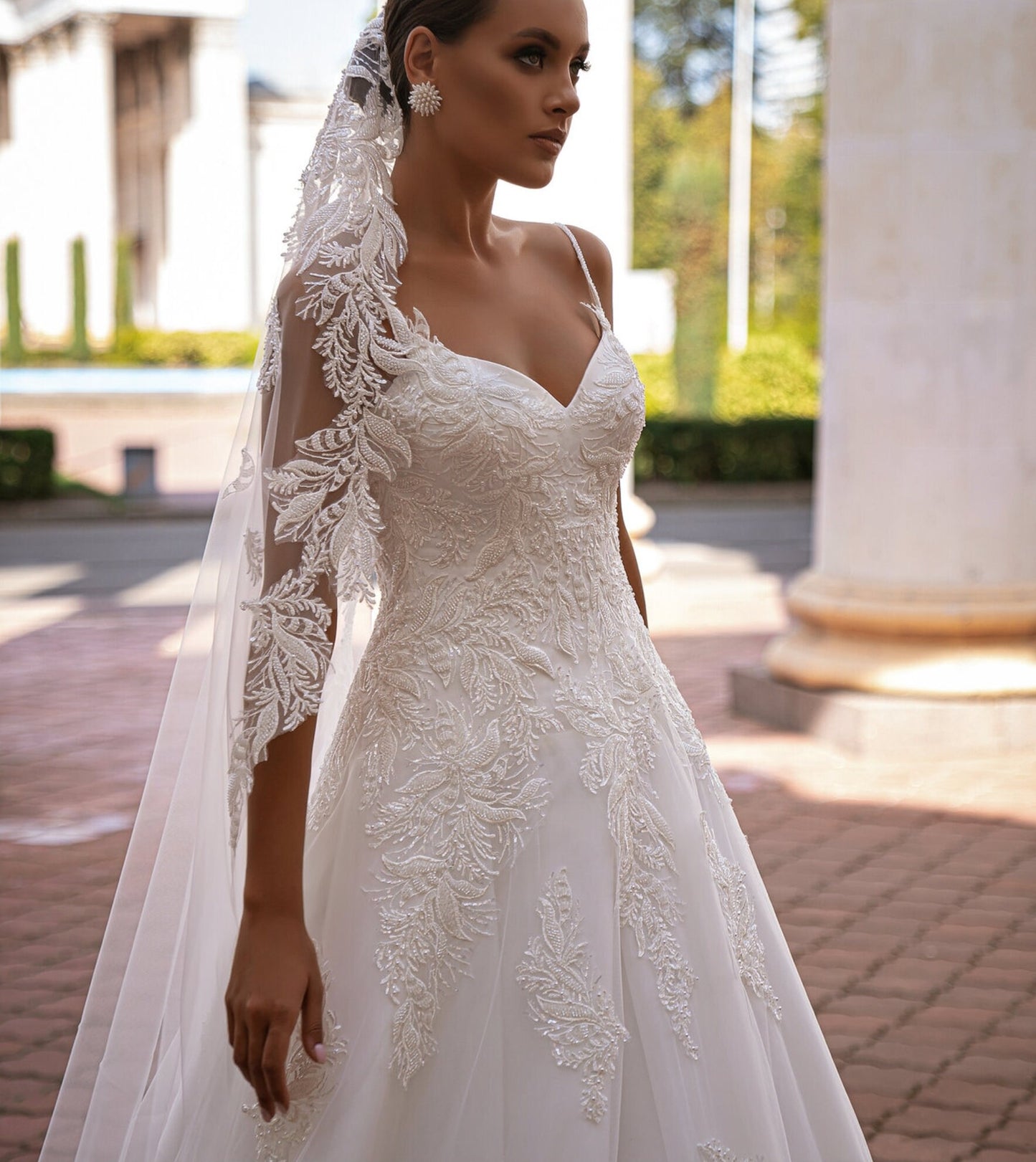 Beautiful Beaded Sequin Spaghetti Strap & Off The Shoulder Sleeves Satin Tulle Gown