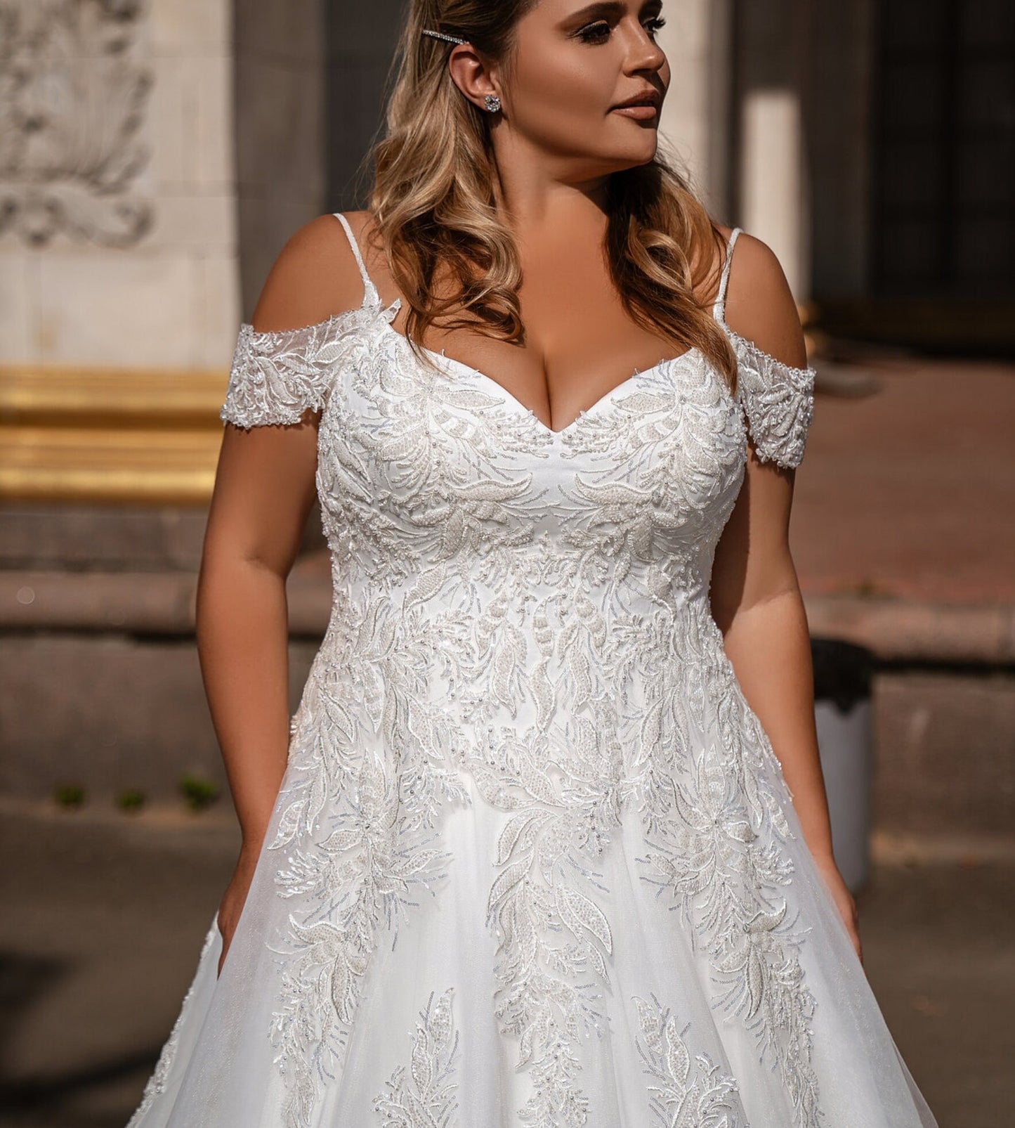 Beautiful Beaded Sequin Spaghetti Strap & Off The Shoulder Sleeves Satin Tulle Gown