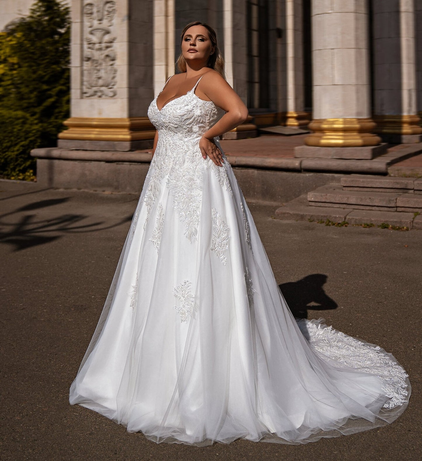 Beautiful Beaded Sequin Spaghetti Strap & Off The Shoulder Sleeves Satin Tulle Gown